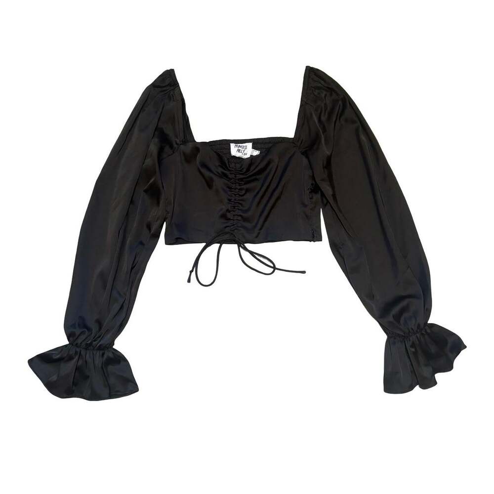 Princess Polly Black Satin Ruched Puff Sleeve Square Neck Crop Top US 4